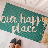 Коврик придверный с надписью Наше счастливое место "Our happy place" бирюзовый прорезиненный