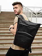 Чорний чоловічий рюкзак роллтоп міської, повсякденний, офісний, ділової, для поїздок, рол еко-шкіра