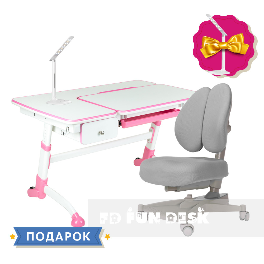 Комплект підліткова парта для школи FunDesk Amare Pink + ортопедичне крісло FunDesk Contento Grey