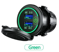 Автомобильное быстрое QC3.0 36W зарядное устройство гнездо врезная розетка круглая зеленая 2 USB (12-24В) CPA