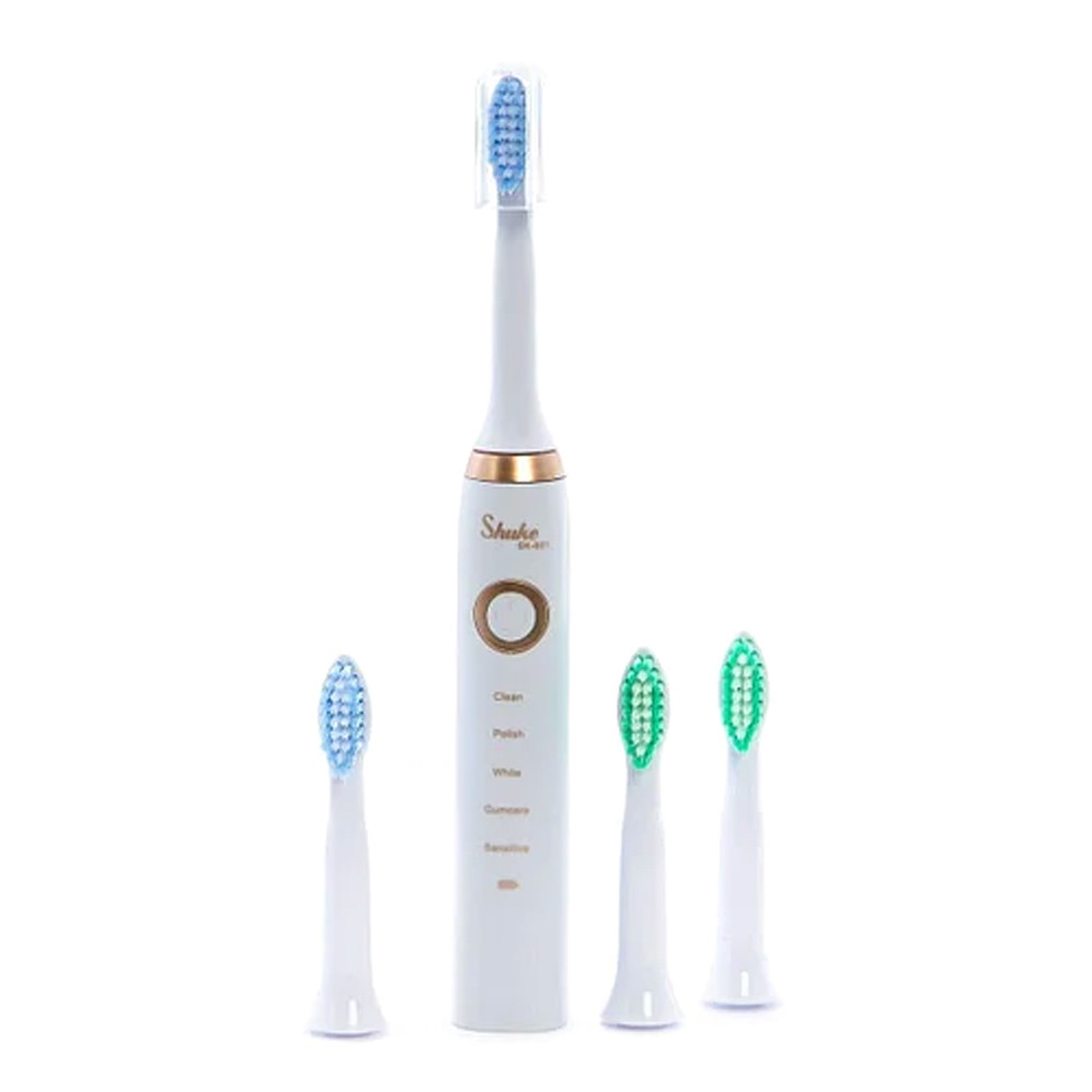 Електрична зубна щітка ультразвукова електрощітки п'ять режимів 4 насадки від USB Біла Shuke SK-601, фото 1