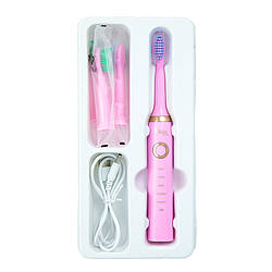 Електрична зубна щітка ультразвукова електрощітка п'ять режимів 4 насадки від USB Рожева Shuke SK-601