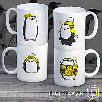 Сімейні білі чашки (кухлі) з принтом "Пінгвіни"