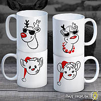 Сімейні білі чашки (кухлі) з принтом "Сімейство Оленів"
