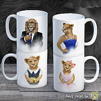 Сімейні білі чашки (кухлі) з принтом "Леви аристократи"