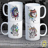 Сімейні білі чашки (кухлі) з принтом "Сім'я Вовків в пір'ї"