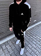 Утепленный мужской спортивный костюм Adidas. Черный теплый мужской спортивный костюм Adidas на флисе