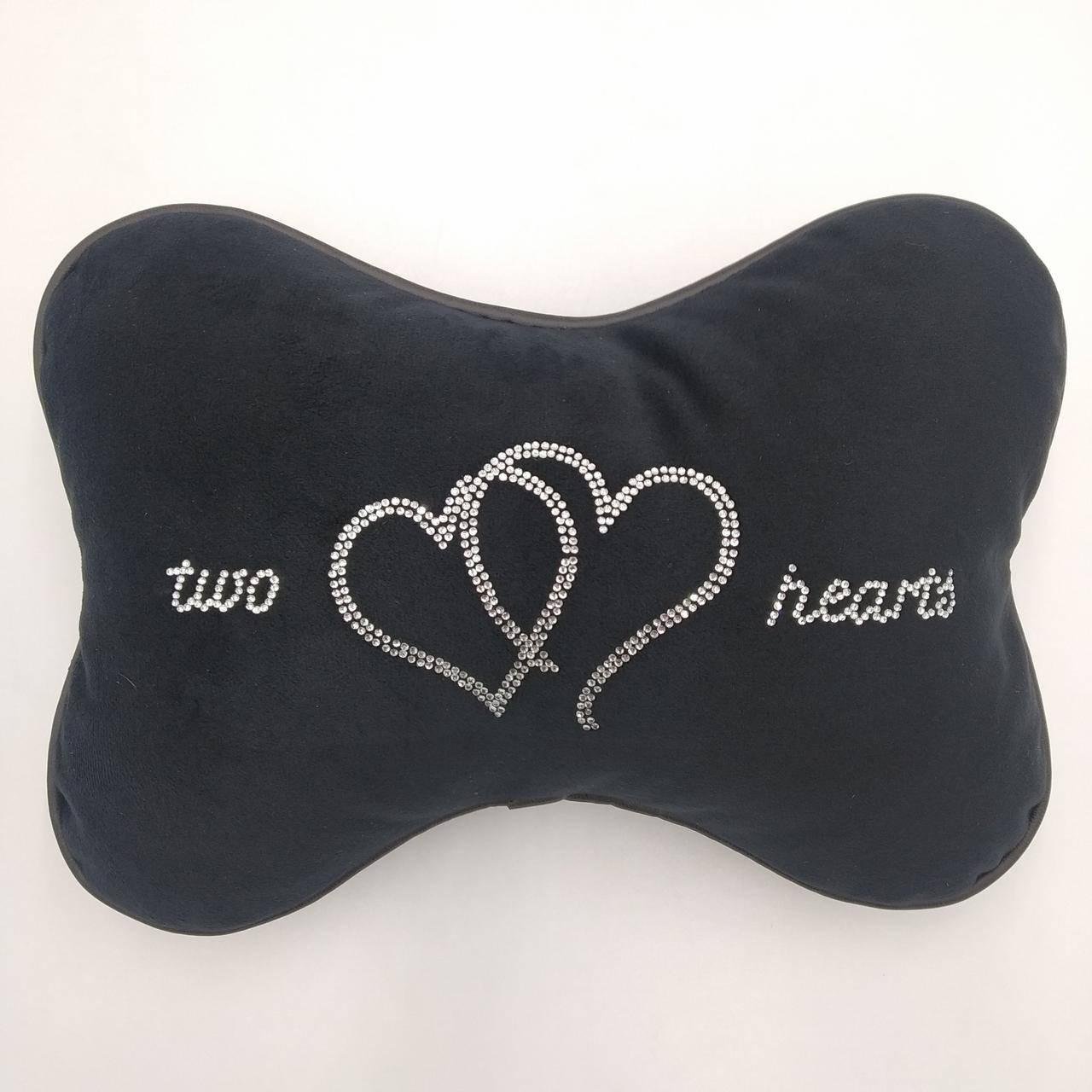 Подушка під голову в автомобіль зі стразами two hearts, чорна, фото 1