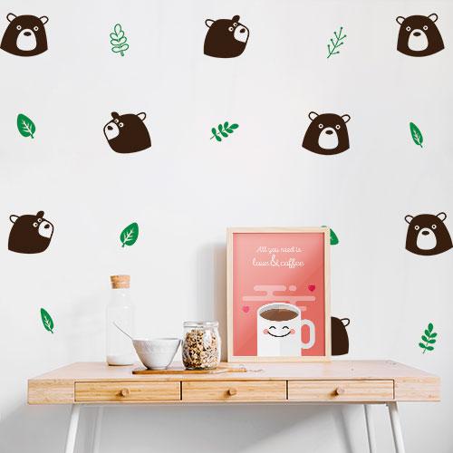 Набір інтер'єрних вінілових наклейок Грізлі (ведмідь, листя дерева, милі малюнки, тварини)