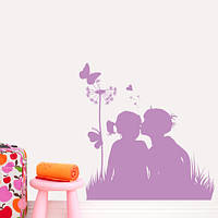 Интерьерная виниловая наклейка на стену Дети и одуванчик (силуэт мальчика, девочки, любовь, романтика)