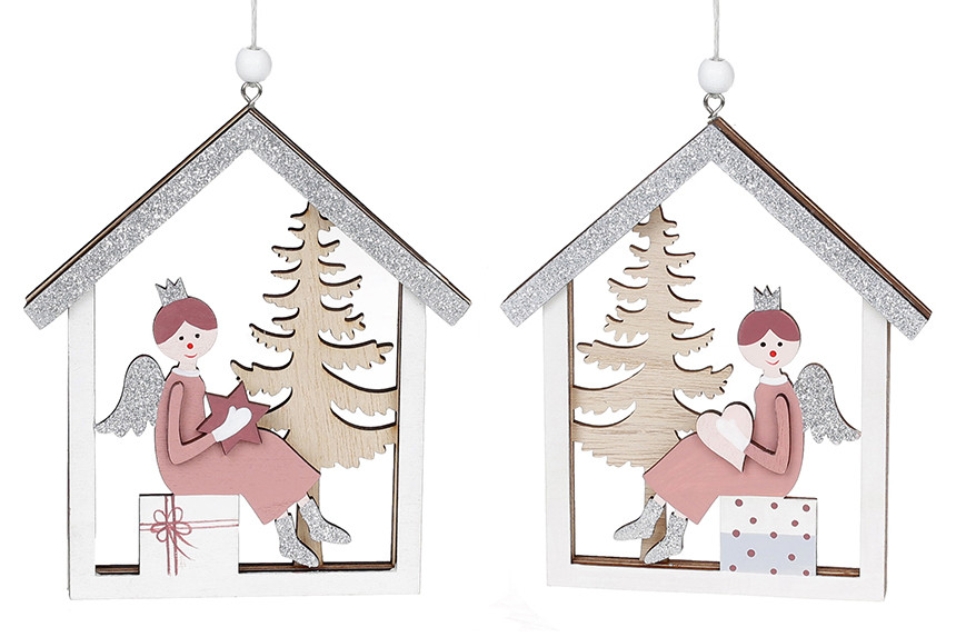Новорічна підвіска Будиночок з янголом 11.5 см, 2 різновиди, в пакованні 12 шт. (785-245)