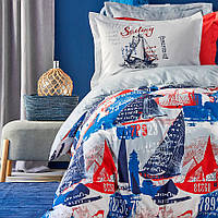 Подростковое постельное белье Karaca Home ранфорс Hutson mavi 2019-2 голубое Полуторный комплект