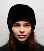 Женская норковая шапка кубанка Листок с трикотажем Черный