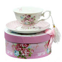 Чашка с блюдцем подарок - 200 мл, Белая, Розы (Olens) Розовый куст 7141-3