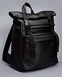 Чоловічий чорний рюкзак роллтоп міський, офісний, для ноутбука 15,6 рол, матова еко-шкіра, фото 10
