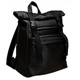 Чоловічий чорний рюкзак роллтоп міський, офісний, для ноутбука 15,6 рол, матова еко-шкіра, фото 7