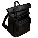 Чоловічий чорний рюкзак роллтоп міський, офісний, для ноутбука 15,6 рол, матова еко-шкіра, фото 8