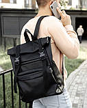 Чоловічий чорний рюкзак роллтоп міський, офісний, для ноутбука 15,6 рол, матова еко-шкіра, фото 6
