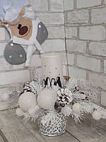 Новорічний підсвічник-композиція зі свічкою в подарунок, висота 27 см, довжина 40 см
