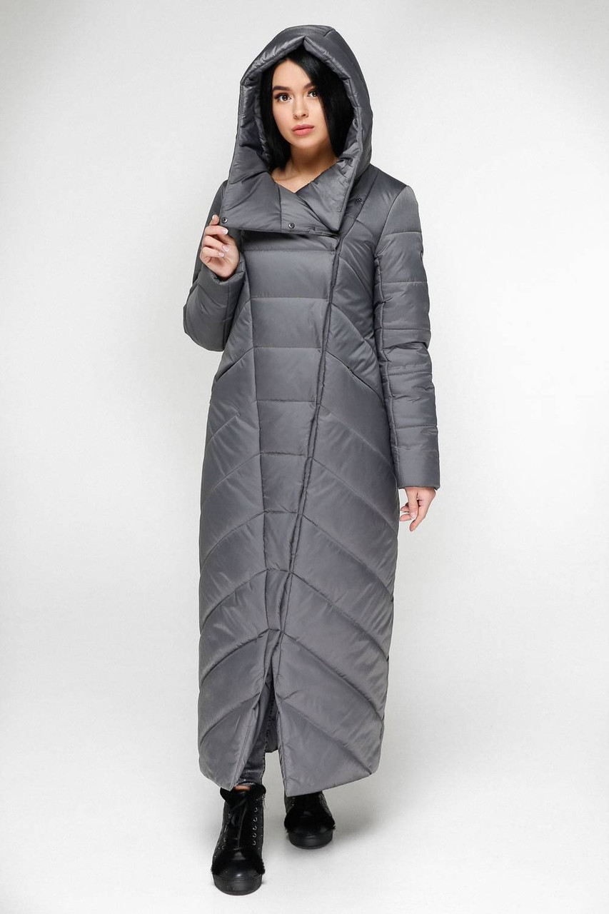 Довгий теплий темно-сірий фабричний зимовий пуховик максі, фото 1