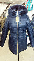 Женская зимняя куртка дутик длинная с поясом, размеры 42-60 60, Синий
