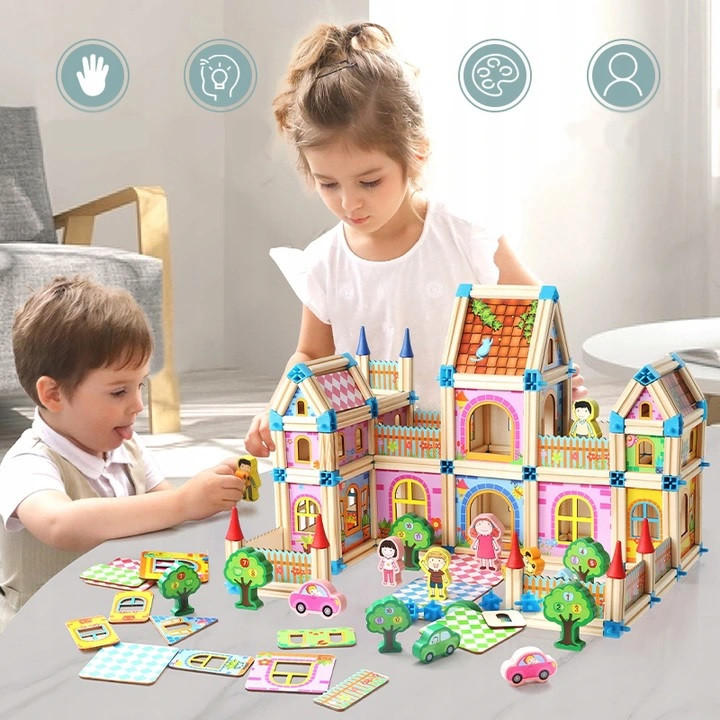 Дитячий набір конструктора Гір Blocks Toy Дерев'яний Будиночок 268 елементів з фігурками дерев та вихованців