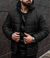 Зимняя куртка мужская, теплая черная с капюшоном, стеганая однотонная на флисе, влагозащитная анти капля S