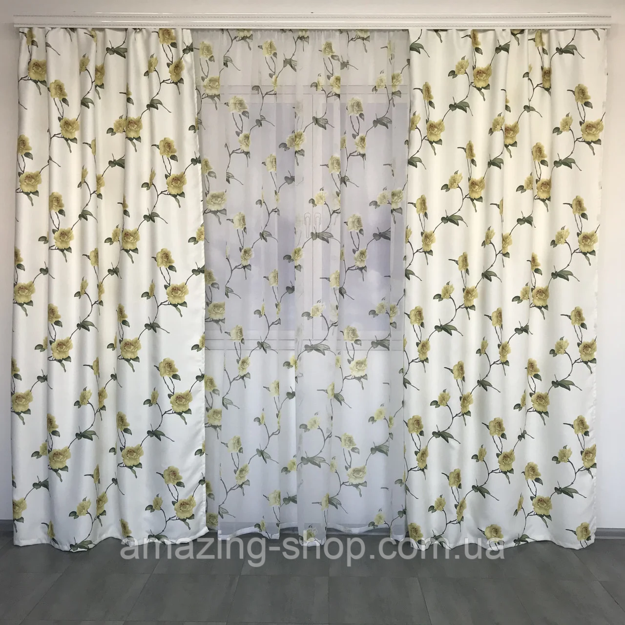 Готові атласні штори з тюлю Штори 150x270 + тюль 400x270 Якісне шторі з тюлю Штори та тюль у квіти, фото 1