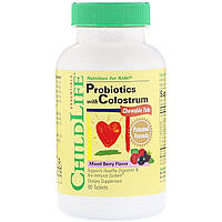 Пробіотики для Дітей з Молозивом, Смак ягід, ChildLife, Probiotics with Colostrum, 90 жев. табл.