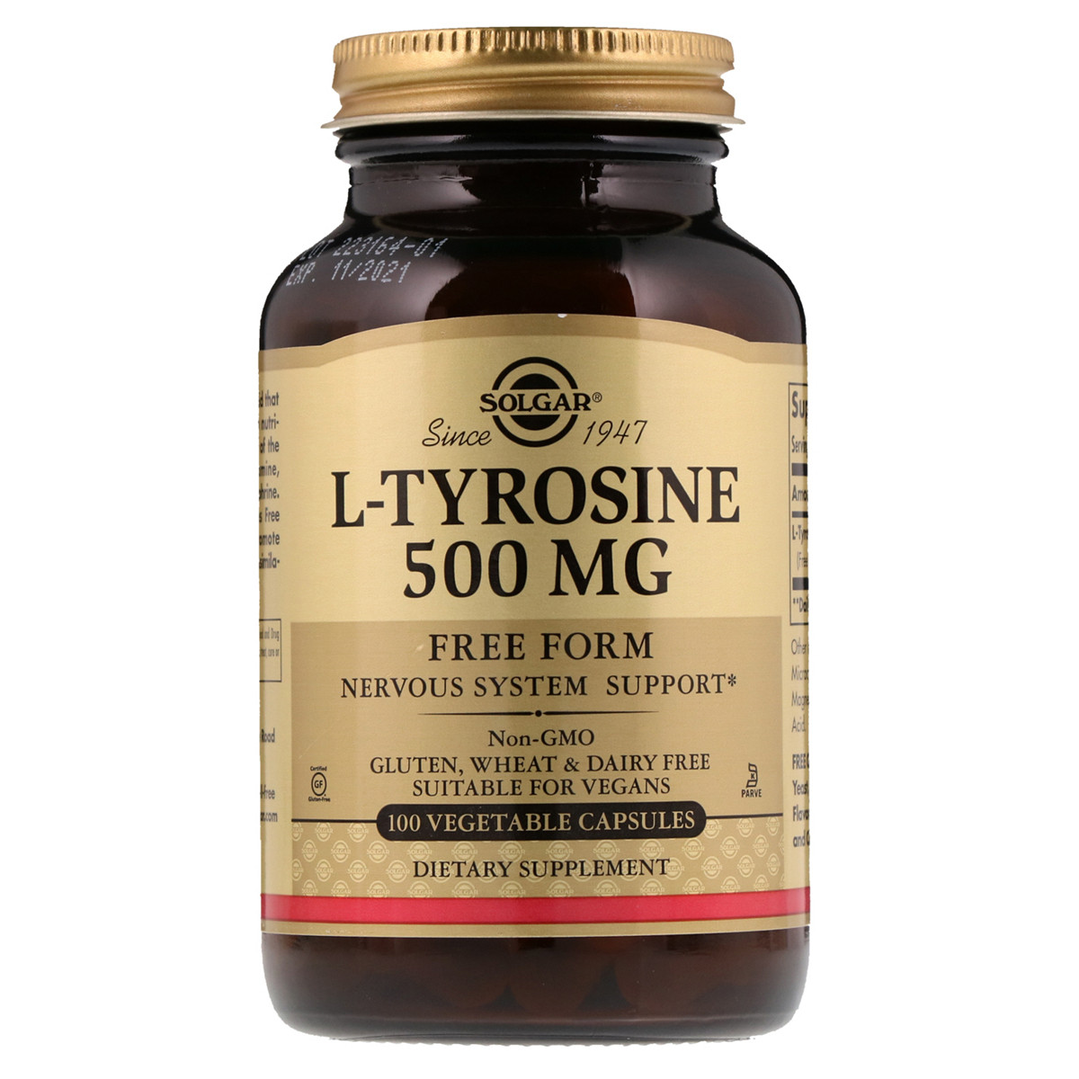 L-тирозин, L-Tyrosine, Solgar, 500 мг, 100 вегетаріанських капсул