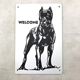 Металева вхідна табличка Welcome великий бійцівський собака 22х15 см зоомт0422х15а Тур-Колекшн