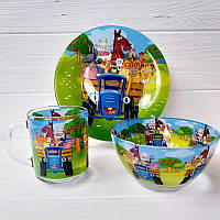 Подарунковий набір дитячого посуду Синій Трактор із скла