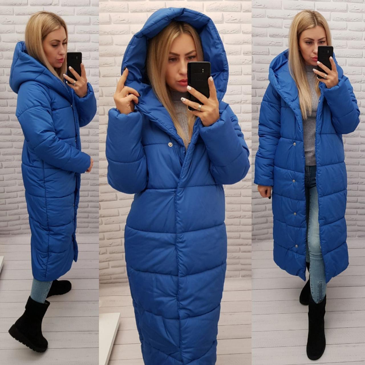 Стильне тепле пальто-ковдра, яскраво-синє/ електрик, М521