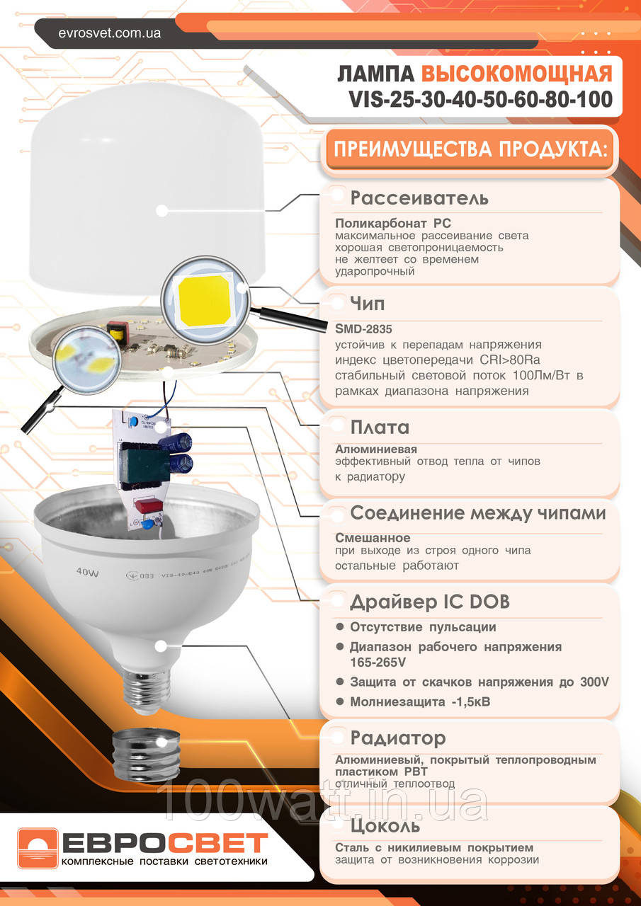 Лампа светодиодная высокомощная ЕВРОСВЕТ 80Вт 6400К (VIS-80-E40) - фото 2 - id-p1293254156