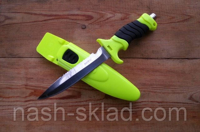 Ніж для дайвінгу Скат, з стропорезом і пластиковим чохлом з ременями для кріплення на тіло