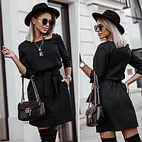 Платье мини женское черное нарядное свободное с поясом