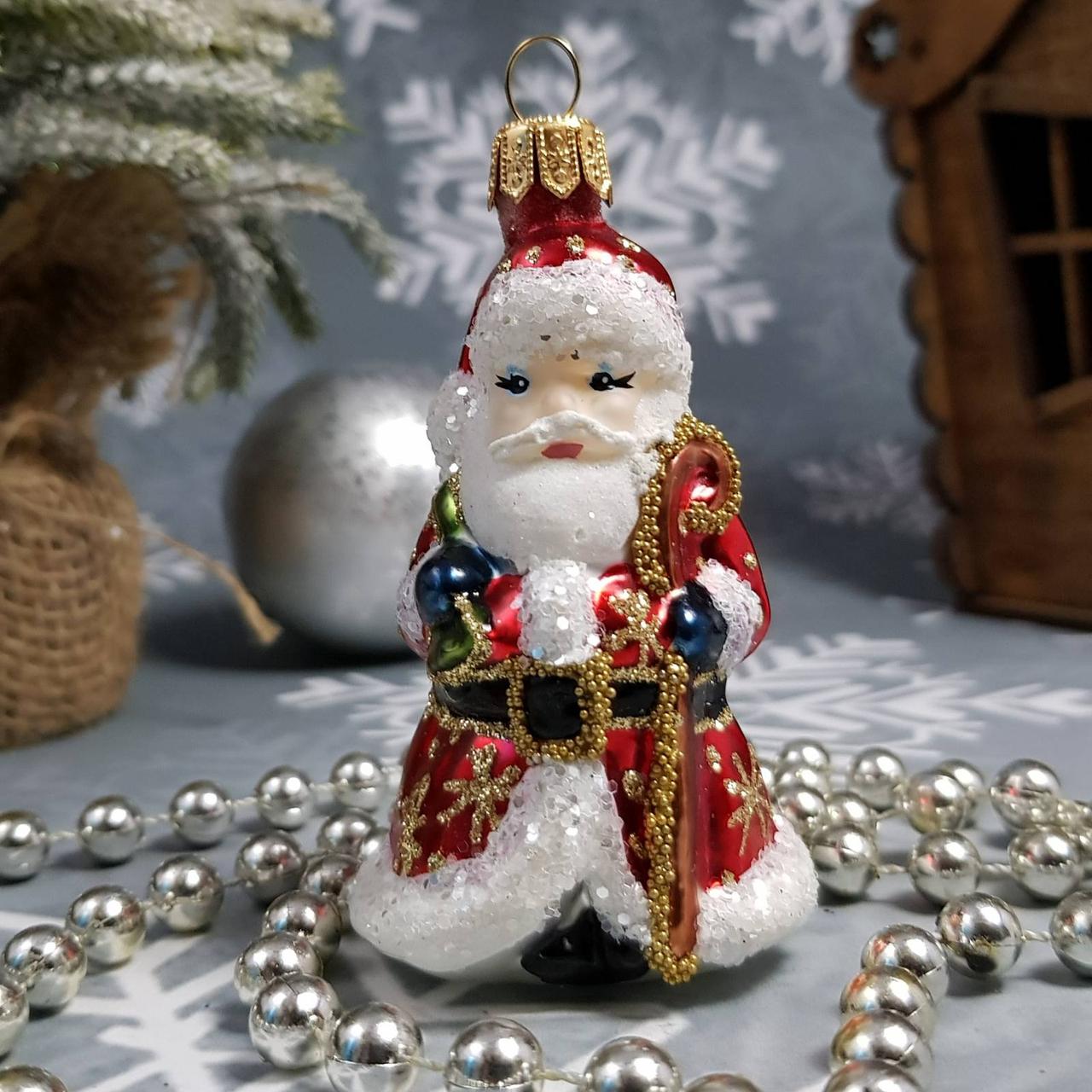 Скляна ялинкова іграшка Дід Мороз з посохом міні Irena