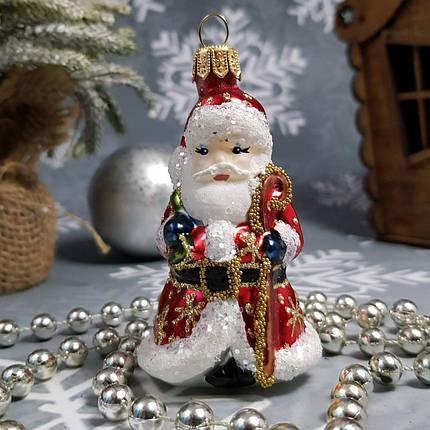 Скляна ялинкова іграшка Дід Мороз з посохом міні Irena, фото 1