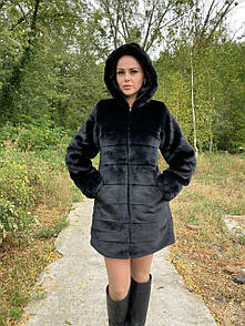 Жіноча шуба-поперечка зі штучного хутра шиншили з капюшоном (колір чорний) 39sb154