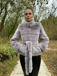 Жіноча сіра шуба під шиншилу коротка з коміром-стійкою і поясом (р. 42-56) 39sb156