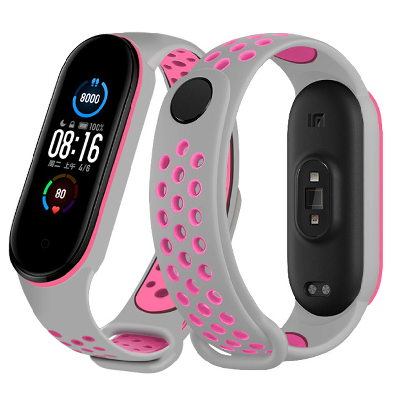 Ремінець для фітнес-браслета Xiaomi Mi Band 5, 6, 7 Nike Design сірий з рожевим
