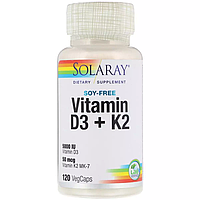 Вітамін D3+K2, Soy-Free Vitamin D3 + K2, Solaray, 120 капсул вегетаріанських