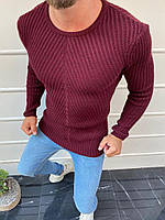 Бордовый мужской вязаный свитер однотонный в обтяжку полосатый