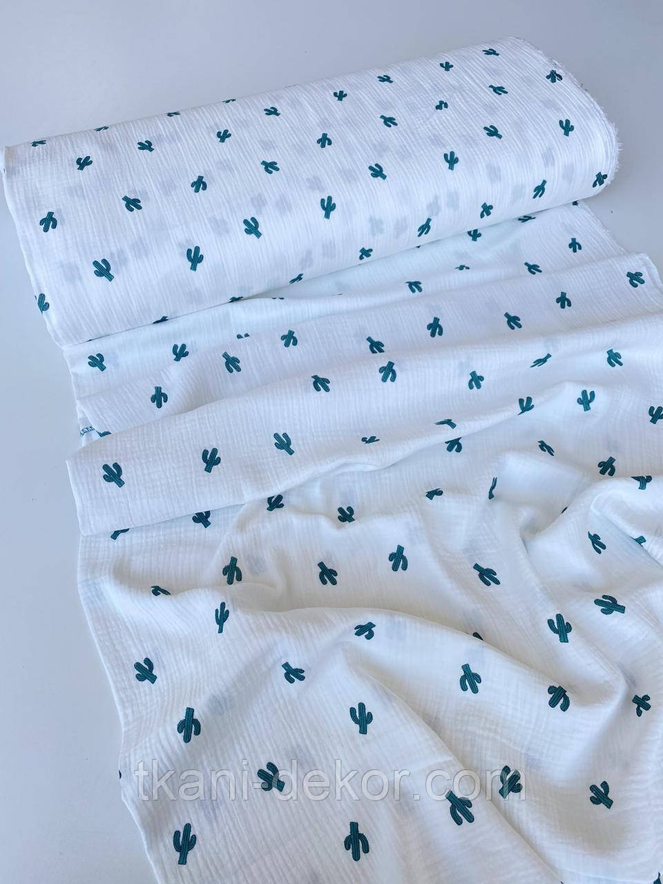 Муслін (бавовняна тканина) жатка кактуси на білому, фото 1