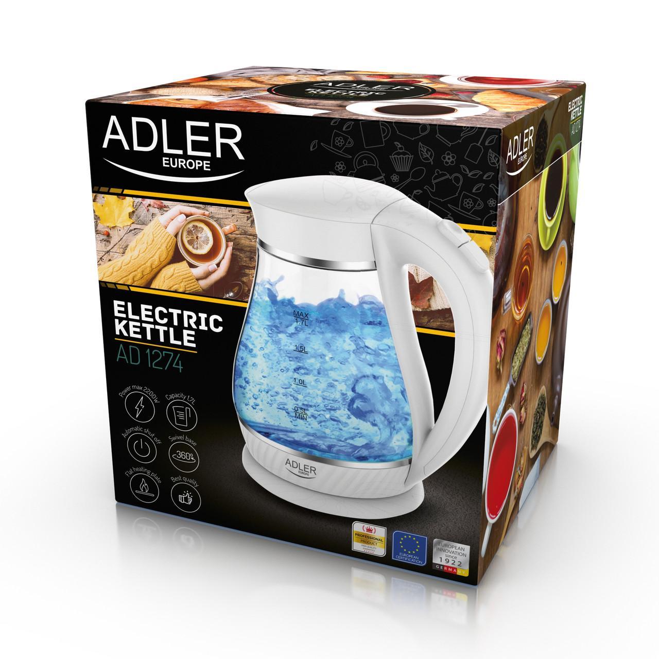 Электрочайник стеклянный Adler AD 1274 white 1,7 литр - фото 2 - id-p1293934870