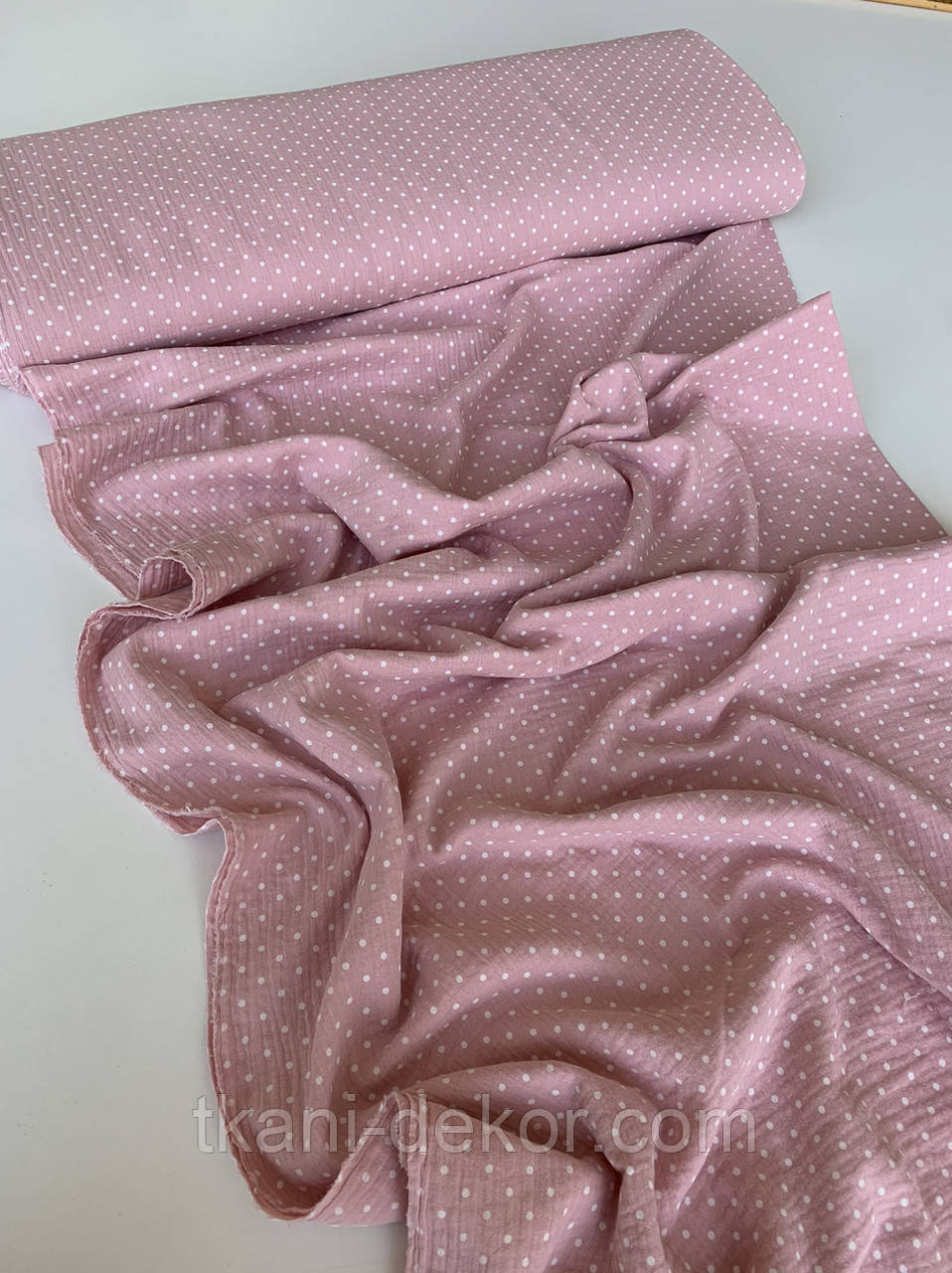 Муслін (бавовняна тканина) горошок білий на чайній троянді (0,35*1,35 м), фото 1