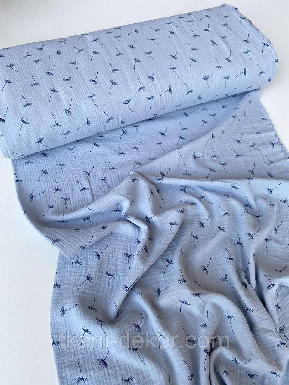 Муслін (бавовняна тканина) кульбаби на блакитному джинсі (0,9*1,35 м), фото 1