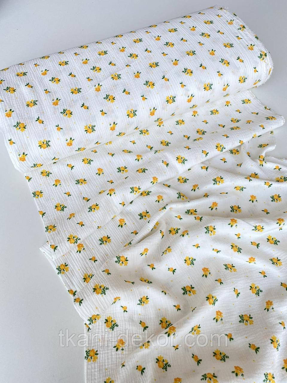 Муслін (бавовняна тканина) прованс жовтий на білому (ширина 1,35 м), фото 1