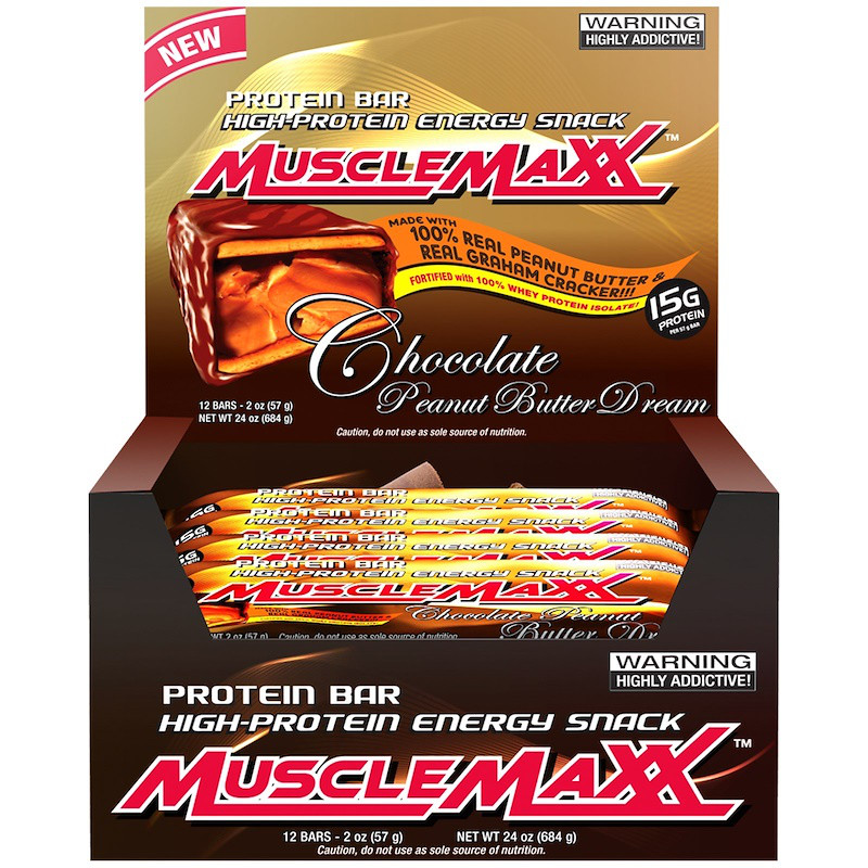 MuscleMaxx, Протеїновий батончики з високим вмістом білка, шоколад-арахісова олія, 12 шт., 2 унції (57 г)