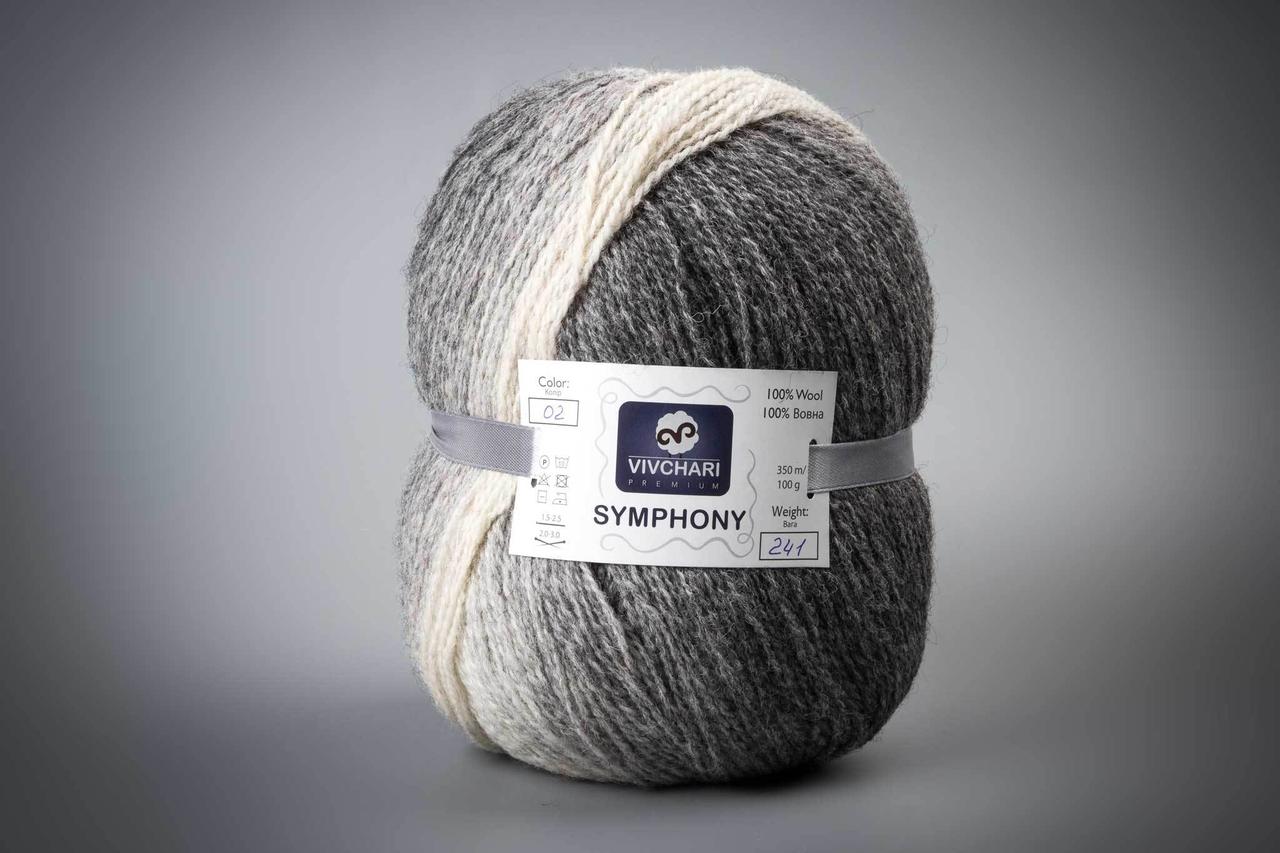 Пряжа вовняна Vivchari Premium Symphony, Color No.02 сіро-білий меланж